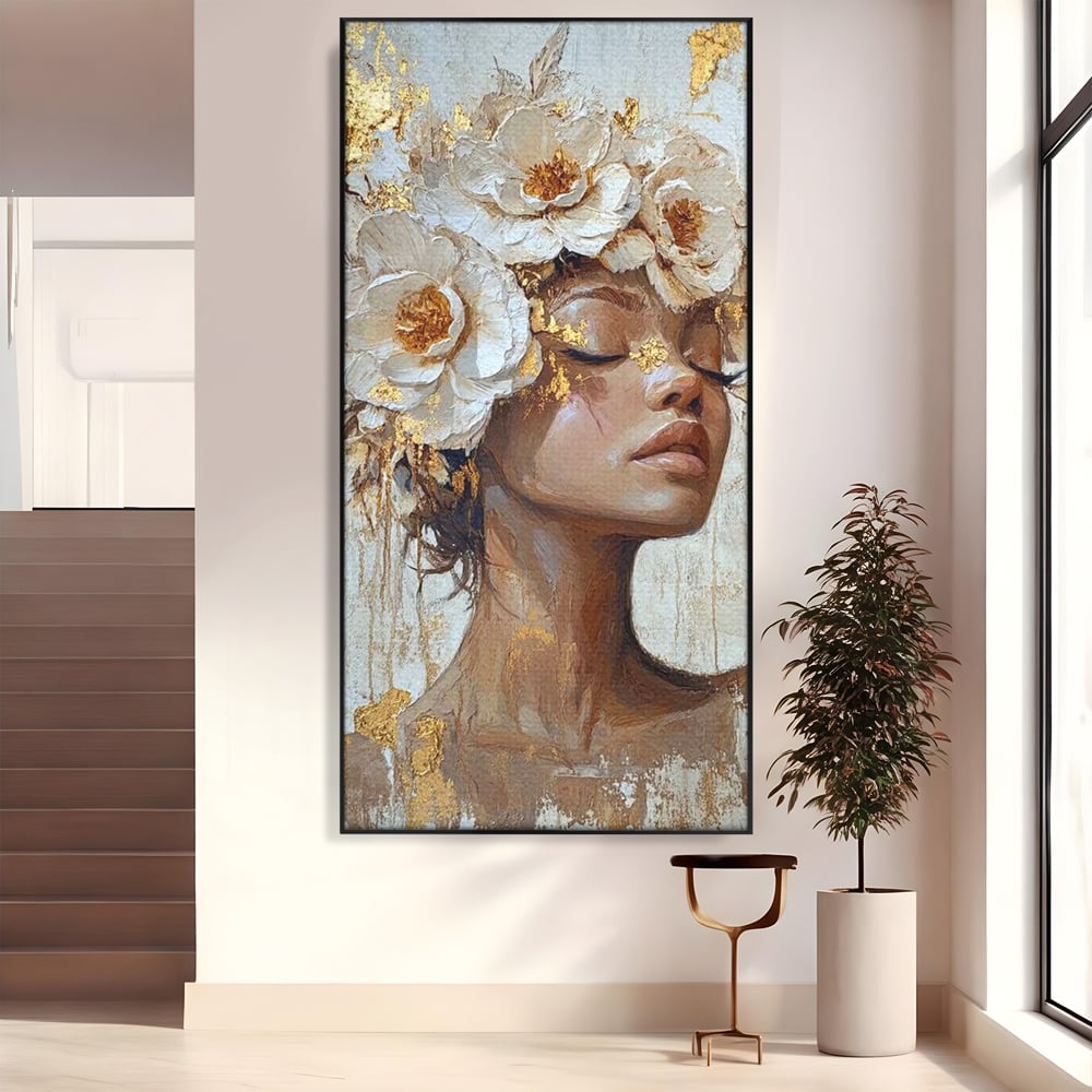 Tablou canvas cu tablou canvas cu portretul unei femei, in rama de aluminiu negru